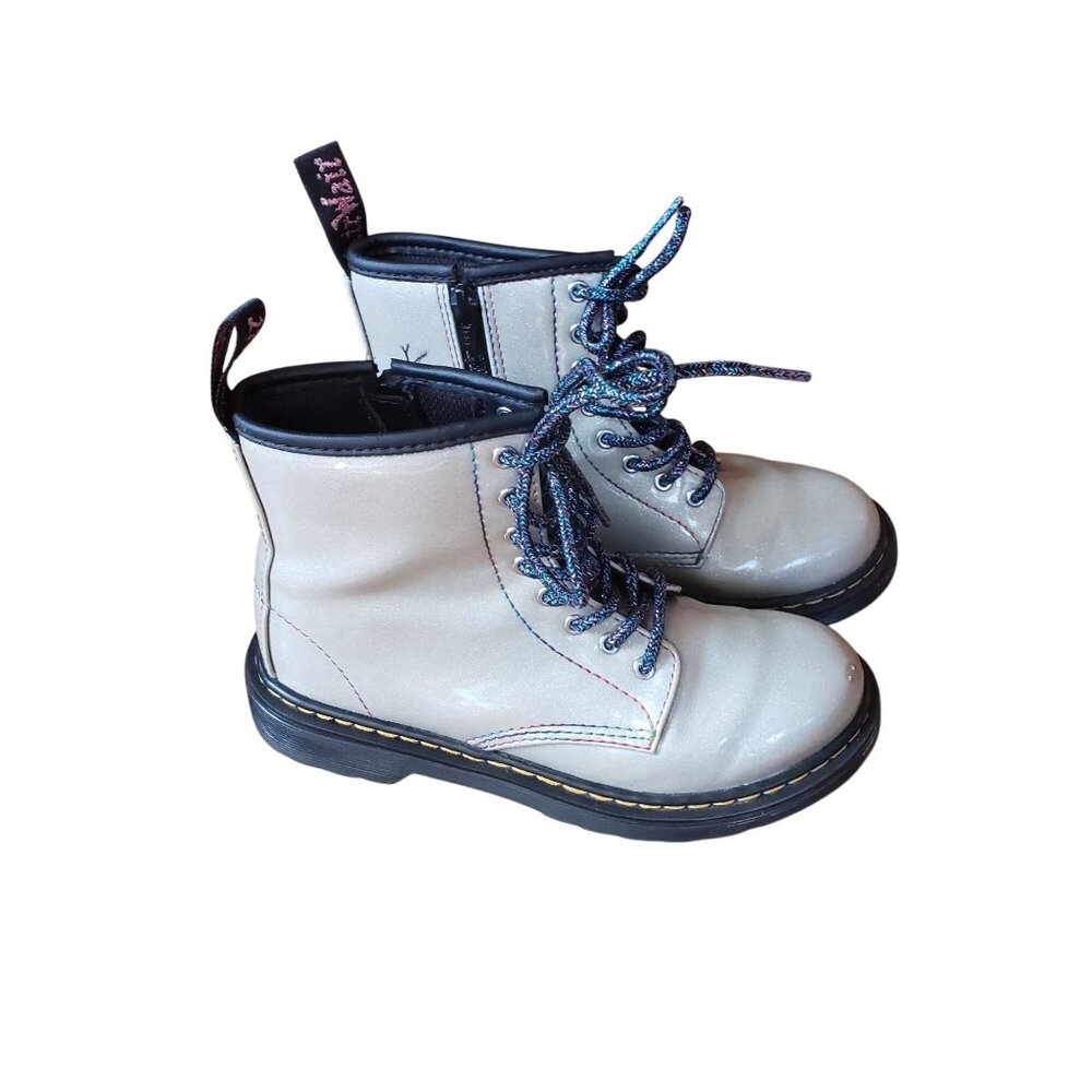 Dr. Martens Kids Silver Patent Leather Lace-Up Boots With Side Zipper Size 12 US